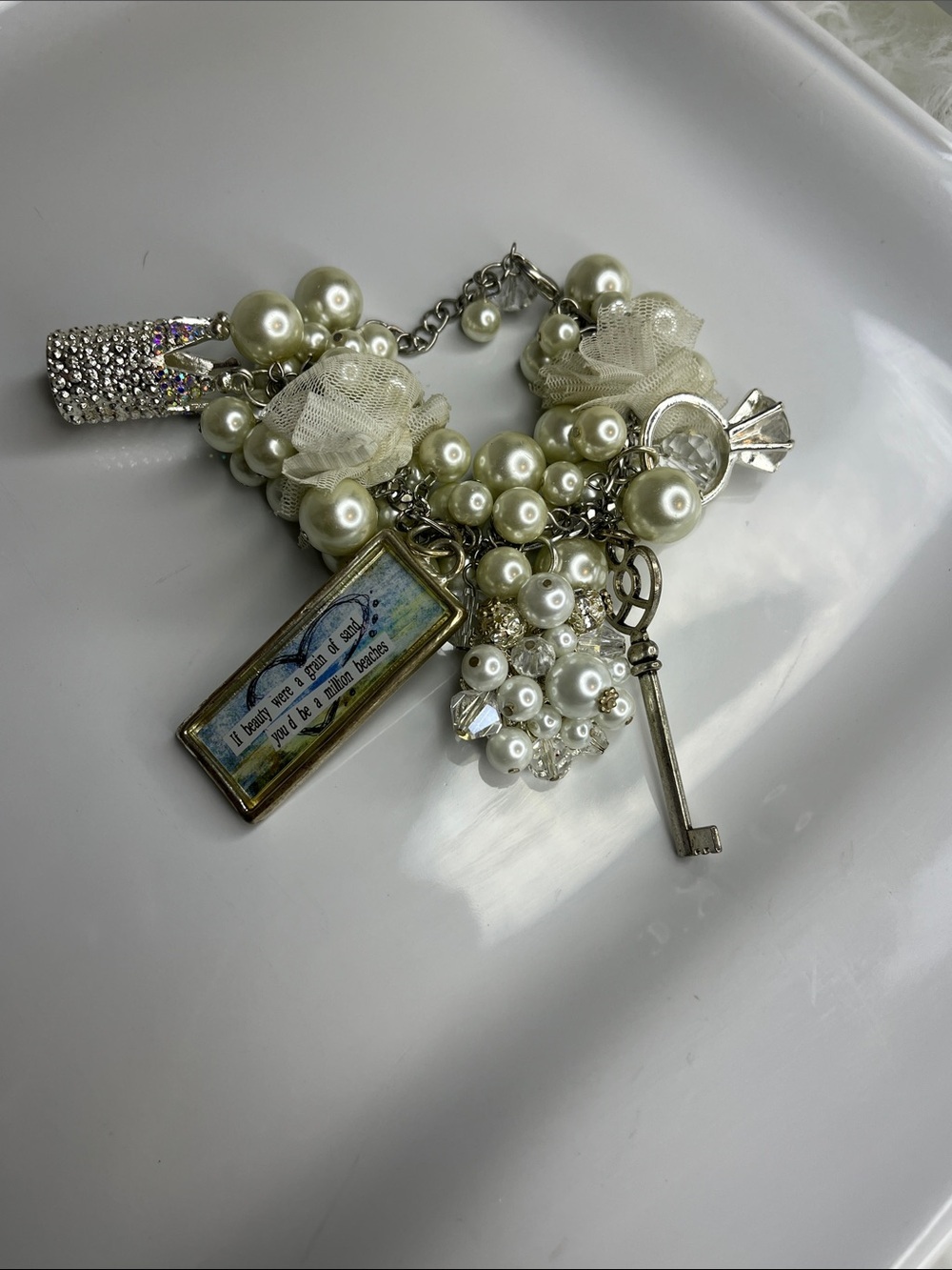 Cream Pearl Cluster Charm Bracelet with Silver Accents